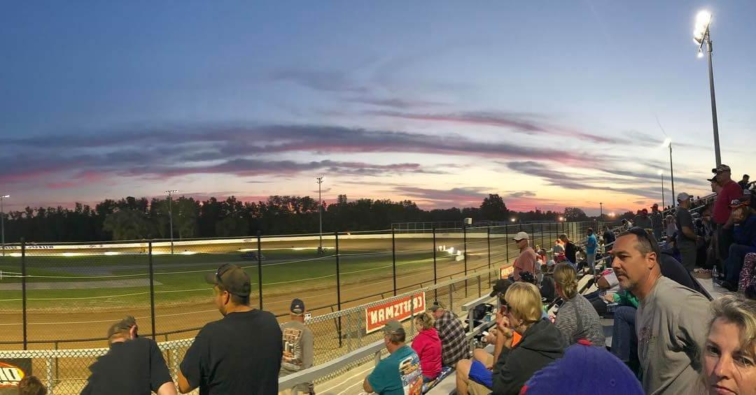 Wide angle view of the Weedsport Motor Speedway at dusk